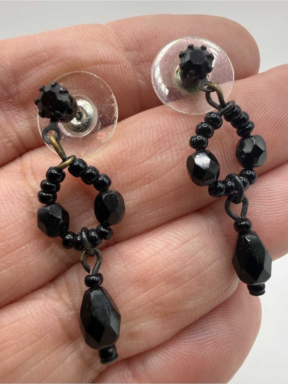 Elegant Vintage Jet Black Beaded Post Dangle Earrings Approximately 1 1/4” Long